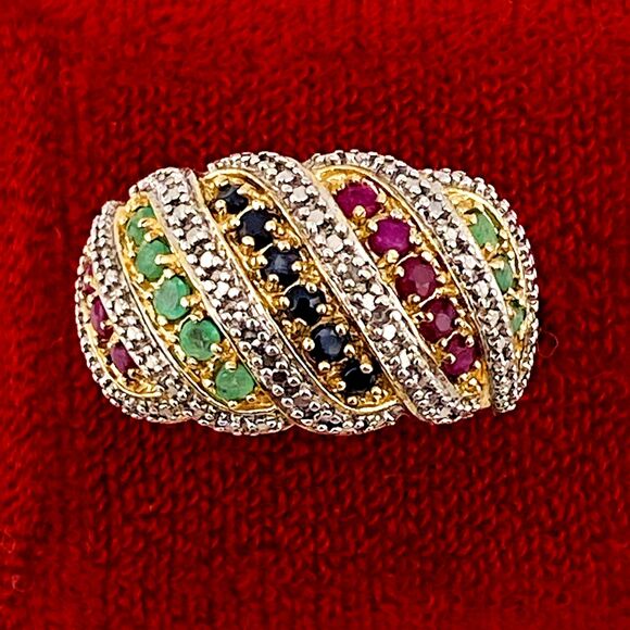 Ross Simmons Gold Over Sterling Set Multi Gem Bombe Ring n Huggie Hoop Earrings - Picture 9 of 15